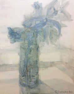 a painting of lilies in a vase