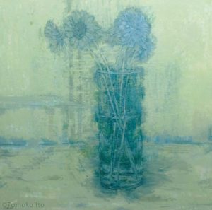 a painting of vase of sunflowers