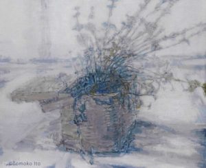 a painting of a plant in a basket